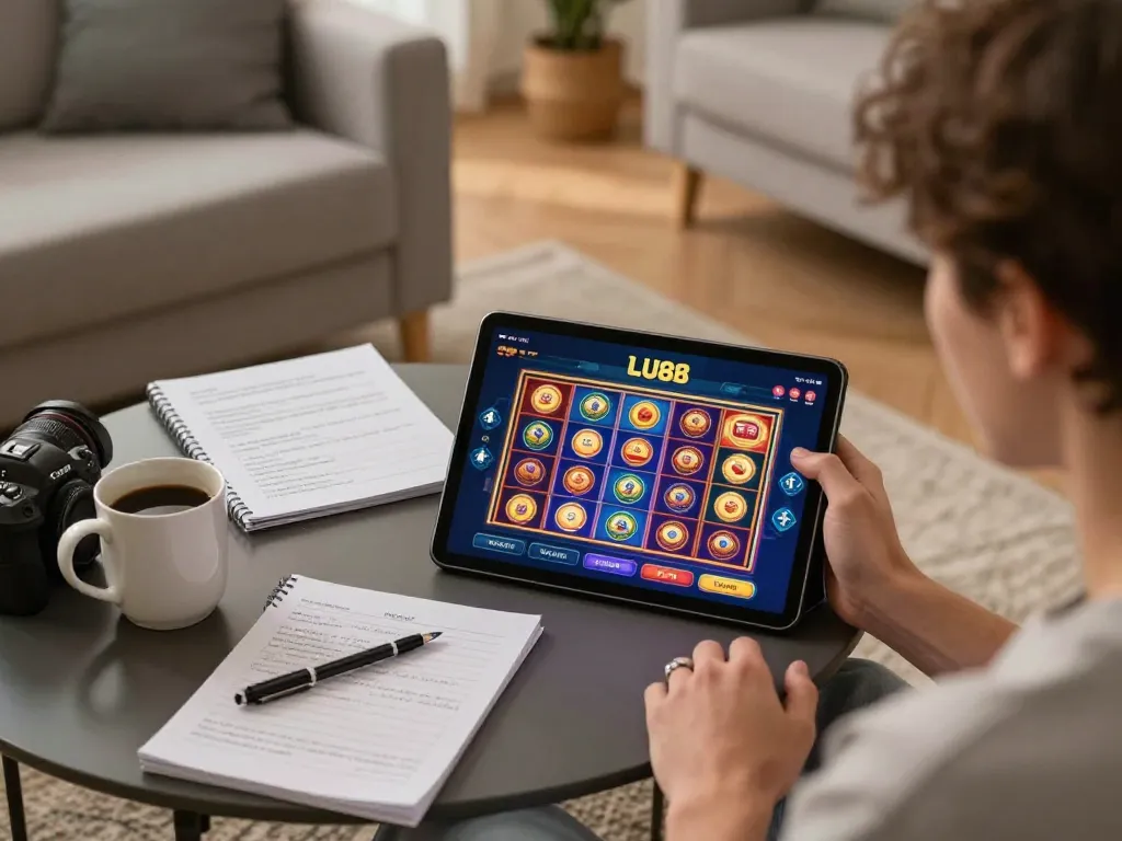 Player enjoying a game on the LU88 online casino tablet in a comfy home setting, highlighting strategic gameplay.