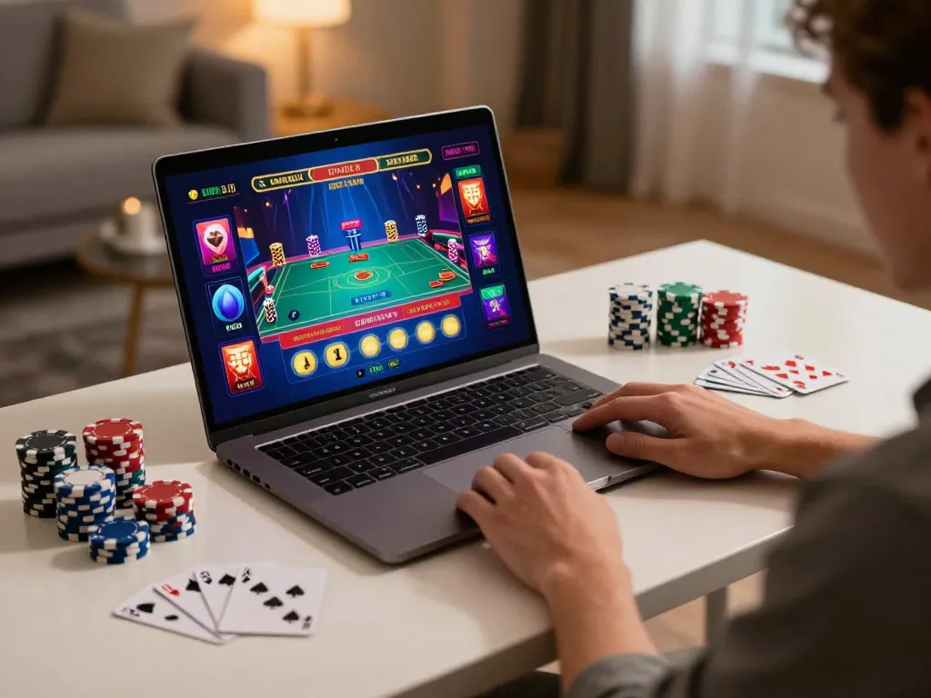 Engaging king33 online gaming scene with player immersed in live casino action on laptop.