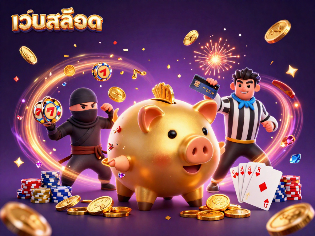 Experience thrilling gaming action with เว็บสล็อต featuring a golden piggy bank, ninja, and samurai in a bustling casino scene.
