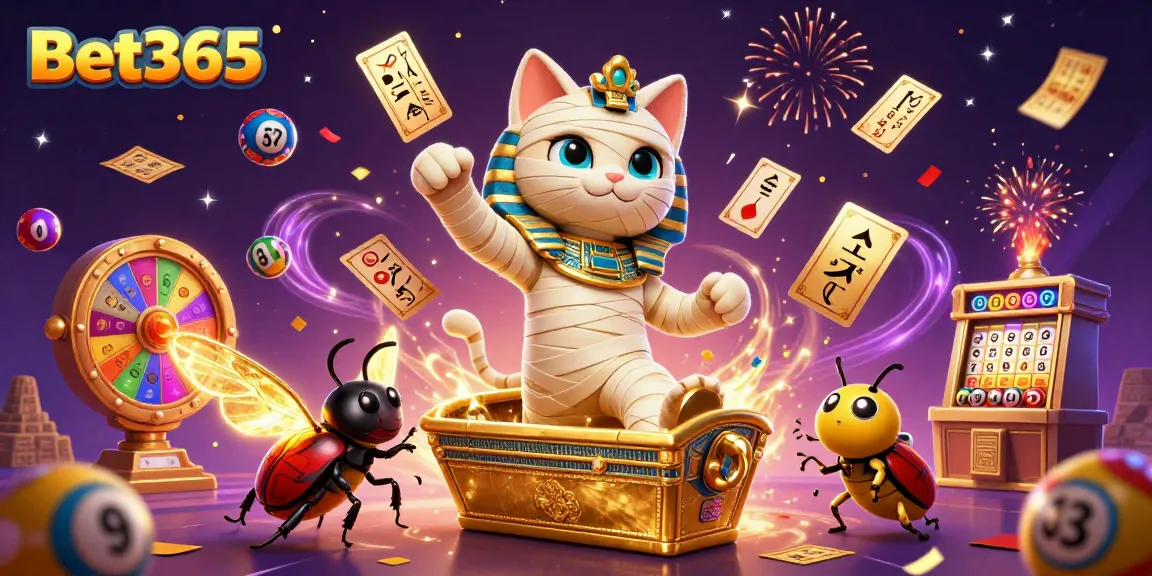 Bet365's lively gaming scene featuring a mummy cat and scarab beetle amidst dynamic lottery elements in a casino