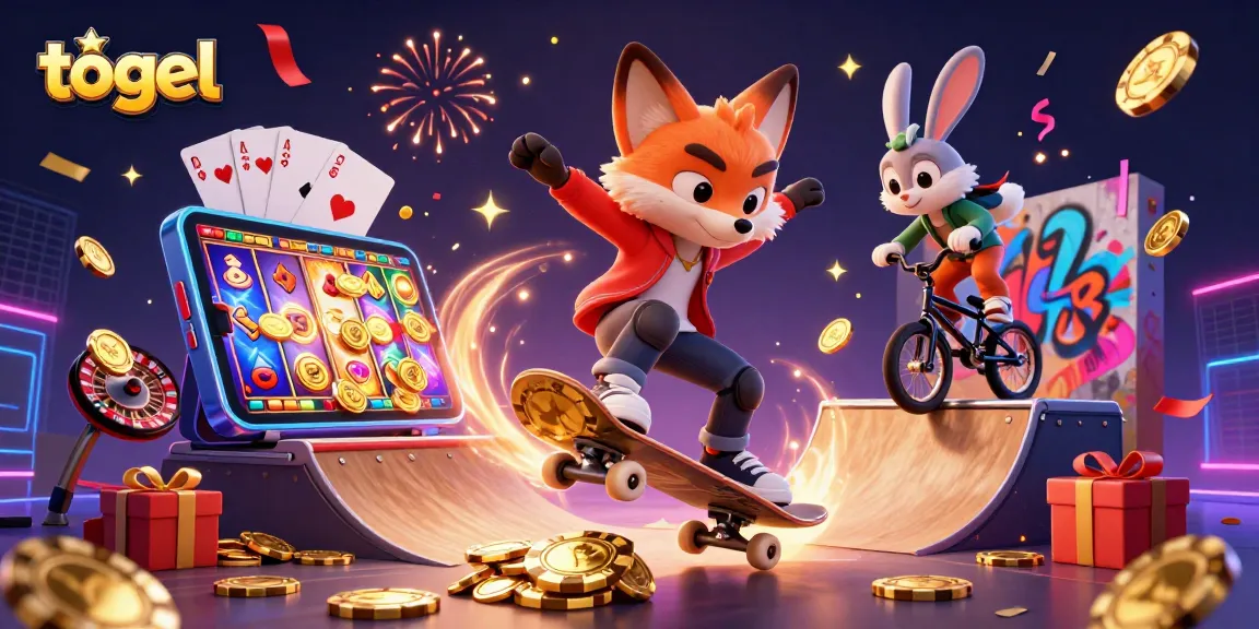 Exciting togel gameplay highlighted with fox and rabbit characters, surrounded by engaging casino elements.
