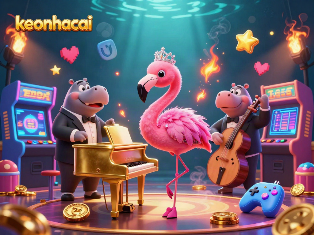 Join the excitement of keonhacai with vibrant casino characters and dynamic gaming elements in a cartoon illustration.