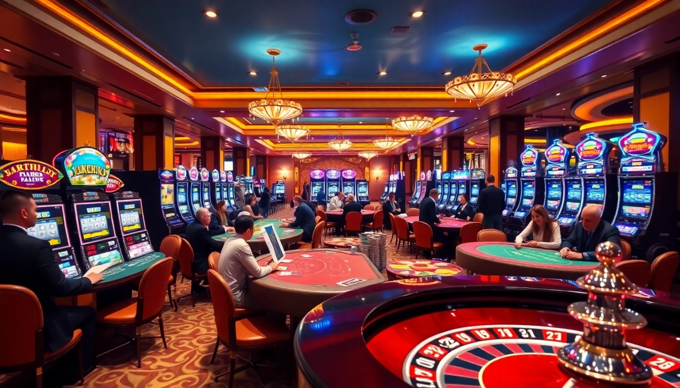 Players enjoying exciting casino games at xx88 com with vibrant slot machines and elegant tables.