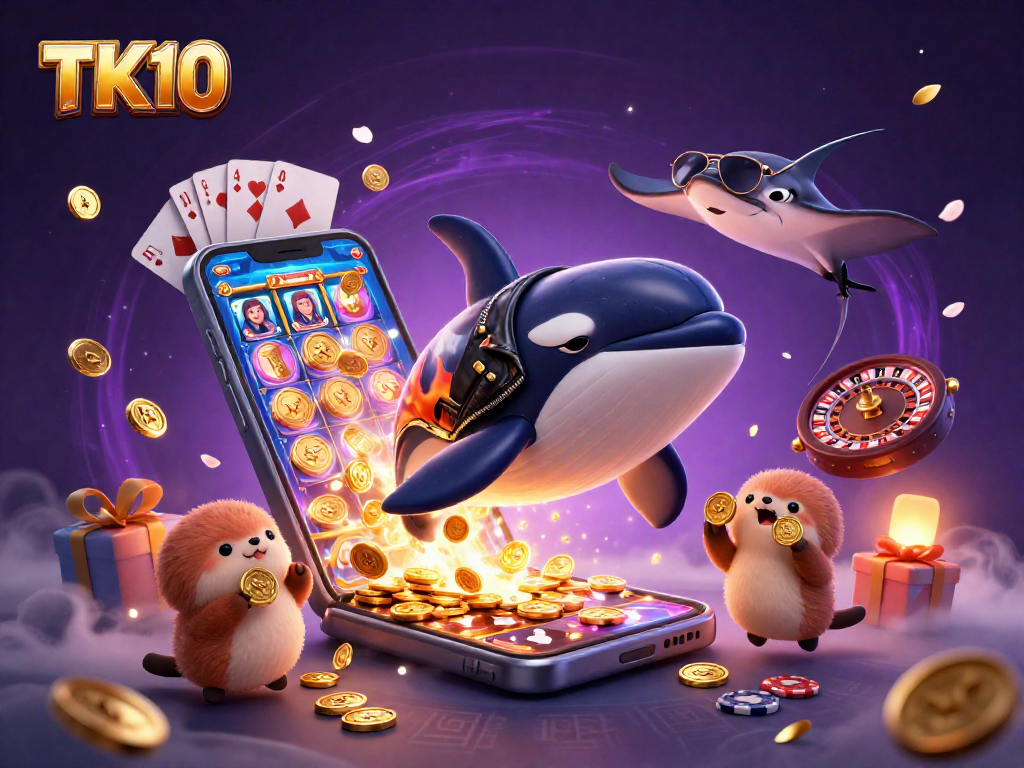 Win big with TK10: A vibrant 3D scene of an orca, stingray, and otters amidst casino elements.