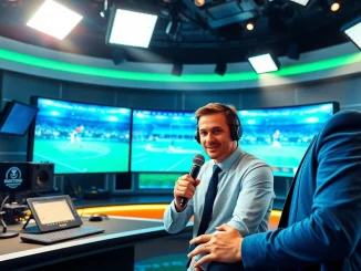 Presenter engaging in sports broadcasting in a dynamic studio, showcasing live sports events.