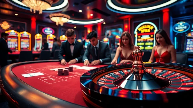 Players enjoying a strategic game at an MMOO casino table with poker chips and cards at an upscale venue.