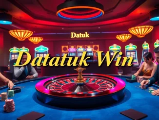 Visualisasikan adegan kasino yang mendebarkan yang fokus pada Datuk Win, menampilkan rolet, meja poker, dan parapetaruh yang antusias.