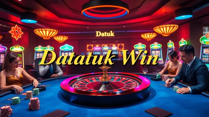 Visualisasikan adegan kasino yang mendebarkan yang fokus pada Datuk Win, menampilkan rolet, meja poker, dan parapetaruh yang antusias.