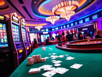 Player enjoying the MK888 slot machine amid a vibrant casino atmosphere.