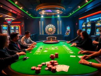 Players strategically engage in a thrilling game of poker at the lavish MB66 casino.