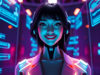 AI slut character in a modern digital setting with holographic displays.