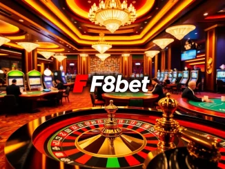 Players strategizing at a poker table in an F8bet casino scene.