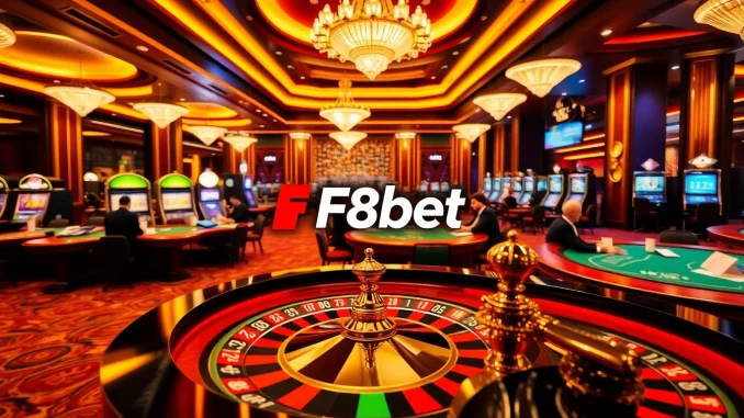 Players strategizing at a poker table in an F8bet casino scene.