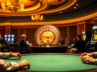 View of a lively casino showcasing tỷ lệ cá cược at poker tables and slot machines.