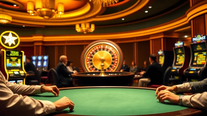 View of a lively casino showcasing tỷ lệ cá cược at poker tables and slot machines.