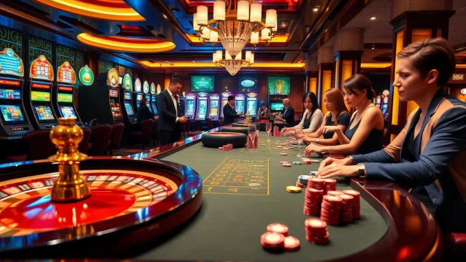 Experience the excitement of j88 as players engage in a thrilling casino game with vibrant chips and cards.
