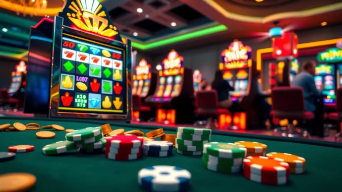 Engage with slot demo excitement on vivid machines and table games in this vibrant casino scene.