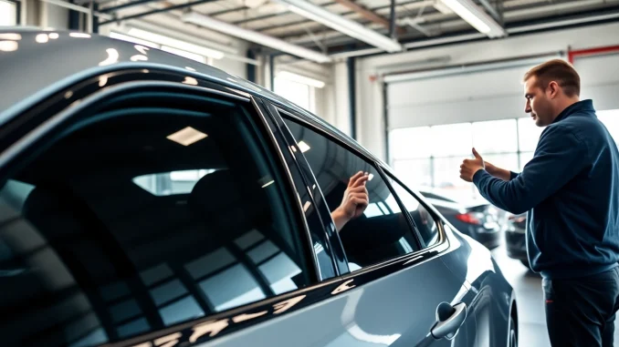 Gift card for window tint services displayed at an auto shop with vibrant ambiance.