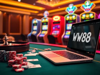 Engage with WW88's vibrant online gaming atmosphere featuring casino tables, chips, and slot machines.