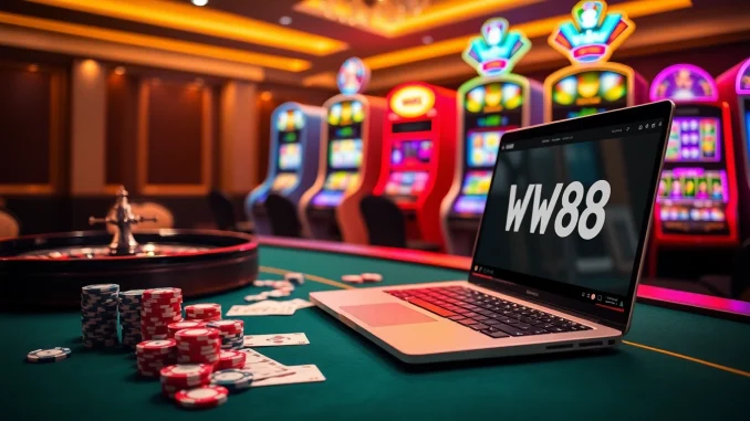 Engage with WW88's vibrant online gaming atmosphere featuring casino tables, chips, and slot machines.