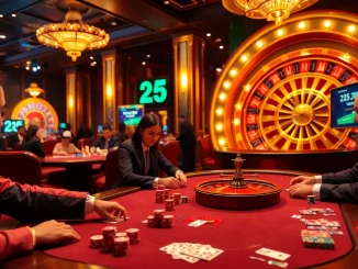 Experience the excitement of high-stakes gambling at https://9789bet.com/, where professional players enjoy a poker game surrounded by vibrant casino elements.