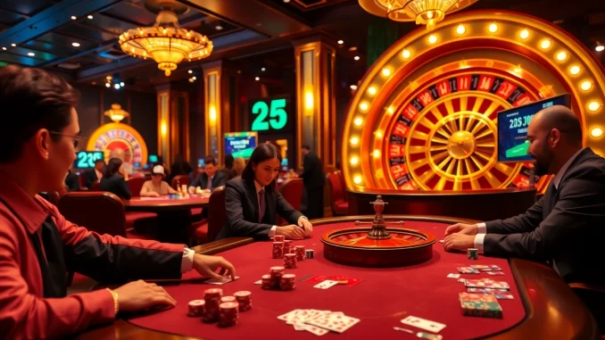 Experience the excitement of high-stakes gambling at https://9789bet.com/, where professional players enjoy a poker game surrounded by vibrant casino elements.