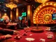 Experience the excitement of high-stakes gambling at https://9789bet.com/, where professional players enjoy a poker game surrounded by vibrant casino elements.