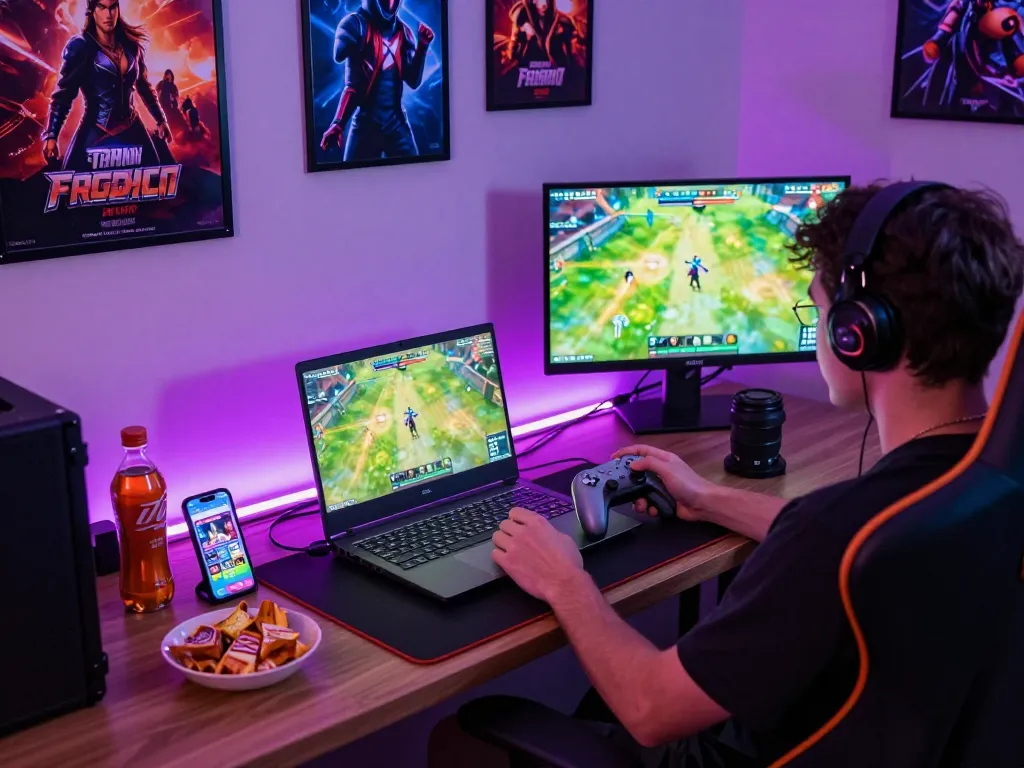 Experience exciting mobile porn games in a lively gaming setup with vibrant lights and engaging visuals.