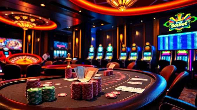 Sbobet link alternatif showcased in a vibrant online casino scene with poker chips and betting slips.