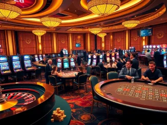 A thrilling moment in a 28bet game showcasing an exciting roulette wheel and poker tables with engaged players.