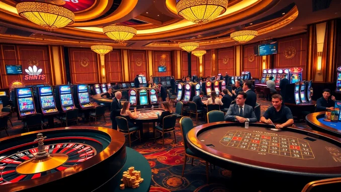 A thrilling moment in a 28bet game showcasing an exciting roulette wheel and poker tables with engaged players.