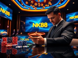 Strategic NK88 gambler placing bets amid vibrant poker chips and roulette wheel highlights excitement
