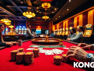 KONG88 poker players strategizing at a glamorous casino table with colorful chips and vibrant lights.