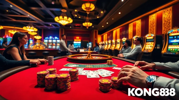KONG88 poker players strategizing at a glamorous casino table with colorful chips and vibrant lights.