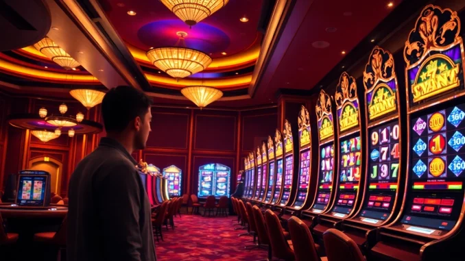 KTPJITU login showcasing vibrant slot machines in a luxury casino environment, emphasizing chances for big wins.