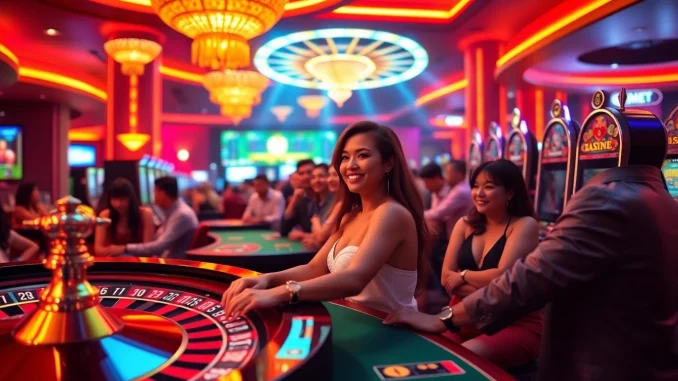 F8BET players engaging at casino tables with chips and neon lights.