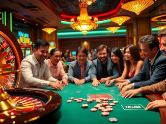 Engaged players at a vibrant NEU88 casino scene featuring roulette and poker games.