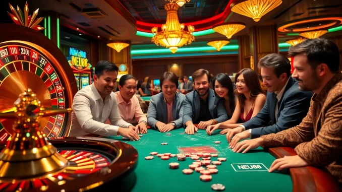 Engaged players at a vibrant NEU88 casino scene featuring roulette and poker games.