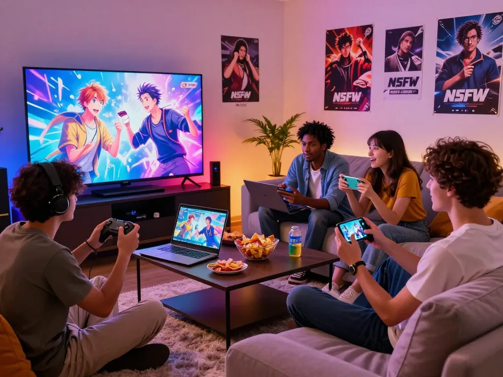 Group enjoying porngames on a couch, showcasing vibrant gaming setup and mobile play.